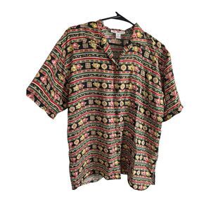 Vintage STUNT COLLECTIONS 100% Silk Floral Geometric Button Down Shirt Size M